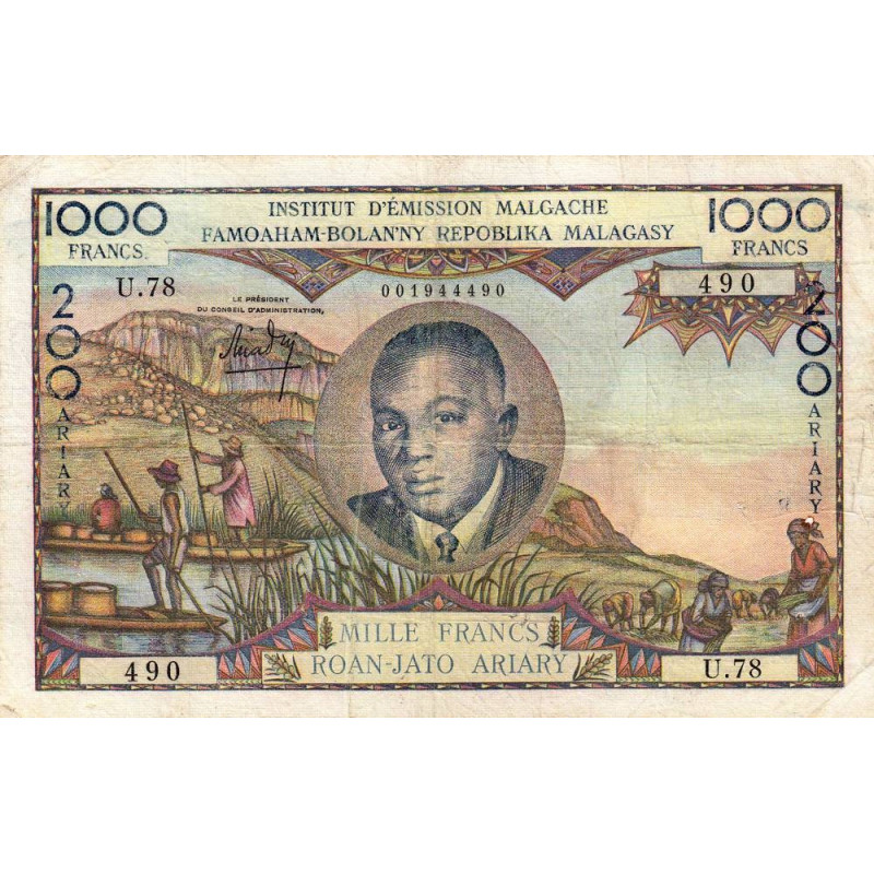 Madagascar - Pick 56b - 1'000 francs - 200 ariary - 1963 - Etat : TB