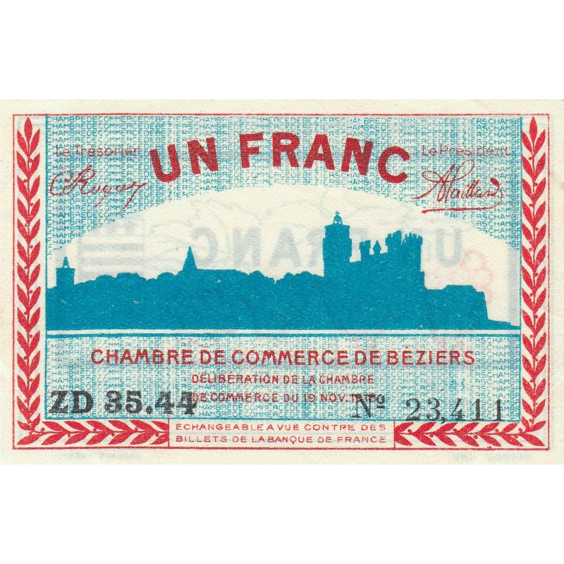 Béziers - Pirot 27-23 - 1 franc - Série ZD 35.44 - 19/11/1918 - Etat : SUP+