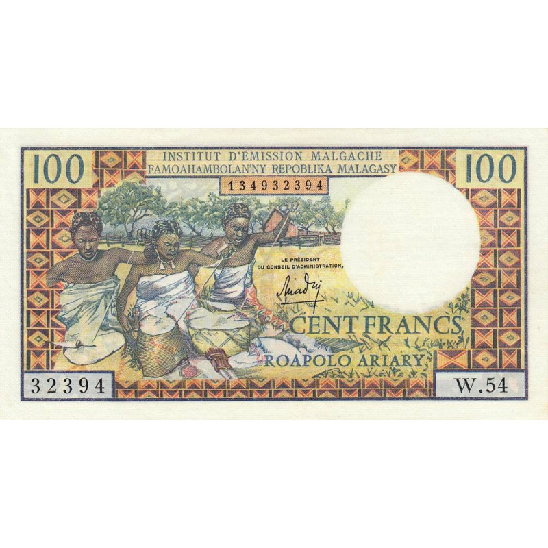 Madagascar - Pick 57a - 100 francs - 20 ariary - Série W.54 - 1964 - Etat : SPL