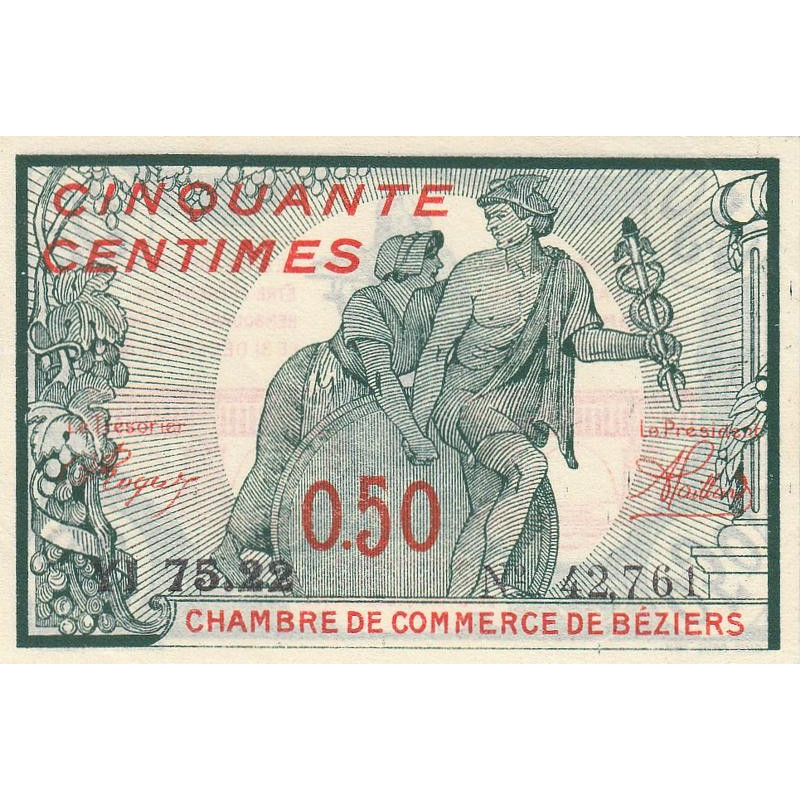 Béziers - Pirot 27-25 variété - 50 centimes - Série YI 75.22 - 18/10/1919 - Etat : SPL