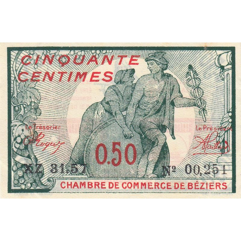 Béziers - Pirot 27-29 - 50 centimes - Série XZ 31.57 - 13/04/1920 - Etat : SUP