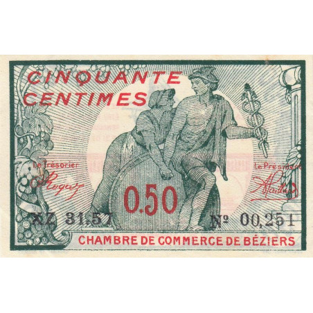 Béziers - Pirot 27-29 - 50 centimes - Série XZ 31.57 - 13/04/1920 - Etat : SUP