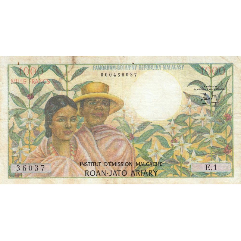 Madagascar - Pick 59 - 1'000 francs - 200 ariary - Série E.1 - 1966 - Etat : TB