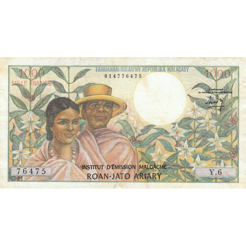 Madagascar - Pick 59 - 1'000 francs - 200 ariary - Série Y.6 - 1966 - Etat : TTB-