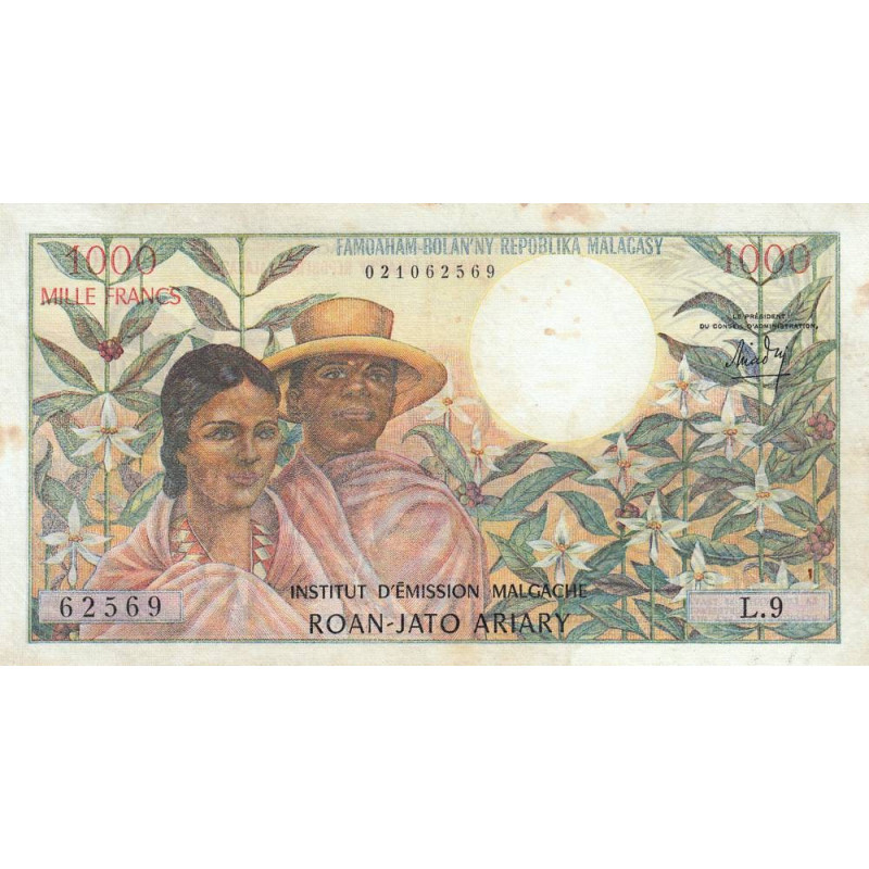 Madagascar - Pick 59 - 1'000 francs - 200 ariary - Série L.9 - 1966 - Etat : TTB-