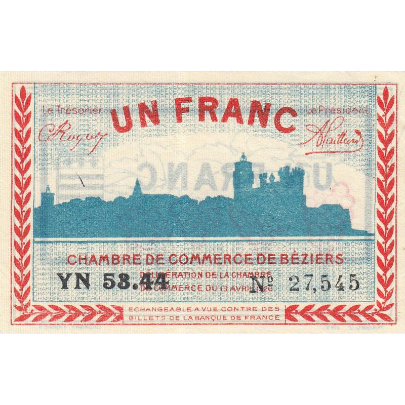 Béziers - Pirot 27-30 - 1 franc - Série YN 53.44 - 13/04/1920 - Etat : SUP
