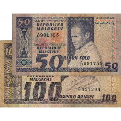 Madagascar - Pick 62 - Lot 50 et 100 francs - 10 et 20 ariary - 1974 - Etat : B