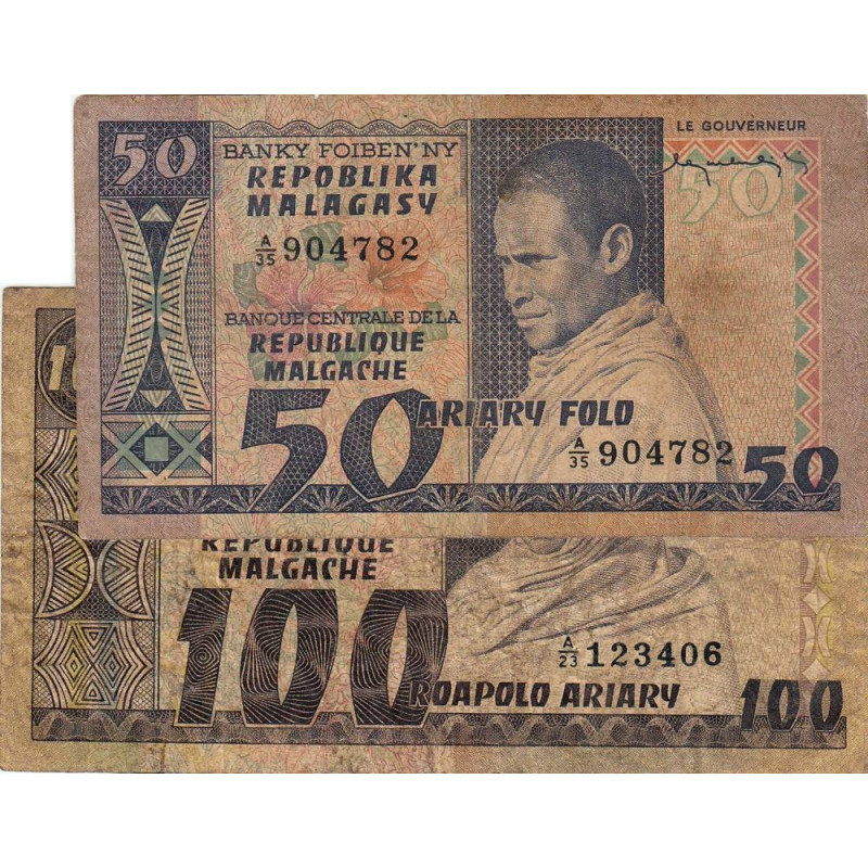 Madagascar - Pick 62/63 - Lot 50 et 100 francs - 10 et 20 ariary - 1974 - Etat : B