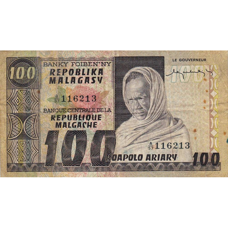 Madagascar - Pick 63 - 100 francs - 20 ariary - Série A/57 - 1974 - Etat : TB-