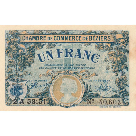 Béziers - Pirot 27-34 - 1 franc - Série 2A 53.51 - 14/03/1922 - Etat : TTB