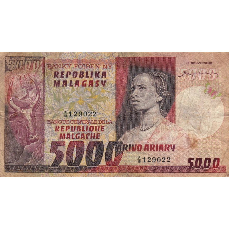 Madagascar - Pick 66 - 5'000 francs - 1'000 ariary - Série A/18 - 1974 - Etat : B-