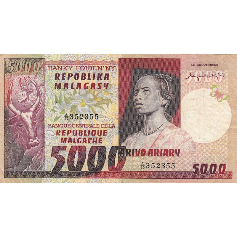 Madagascar - Pick 66 - 5'000 francs - 1'000 ariary - Série A/20 - 1974 - Etat : TB+