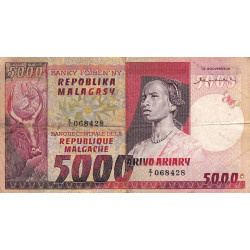 Madagascar - Pick 66r - 5'000 francs - 1'000 ariary - Série Z/1 (rempl.) - 1974 - Etat : TB
