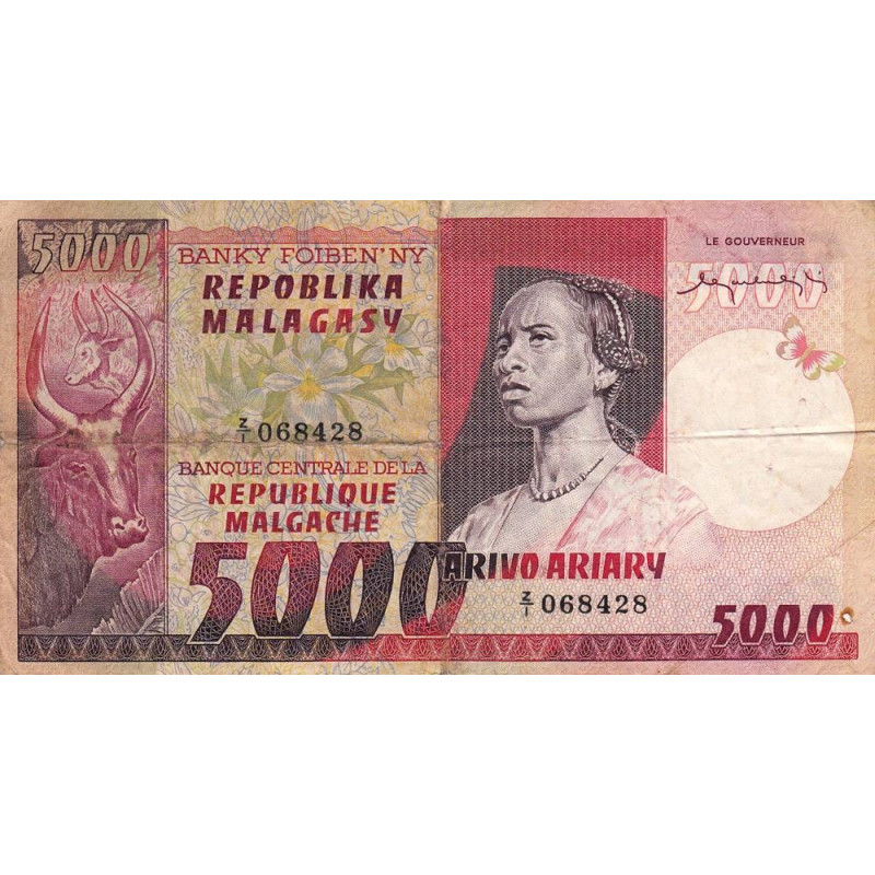 Madagascar - Pick 66r - 5'000 francs - 1'000 ariary - Série Z/1 (rempl.) - 1974 - Etat : TB
