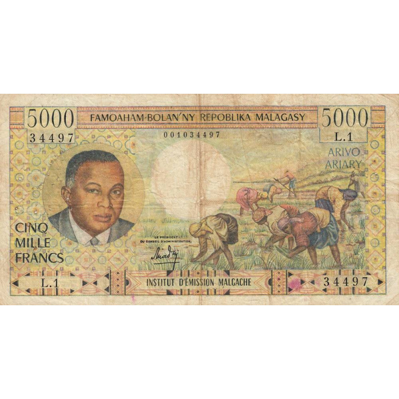 Madagascar - Pick 60 - 5'000 francs - 1'000 ariary - Série L.1 - 1966 - Etat : TB