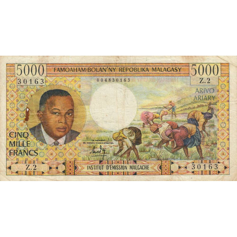 Madagascar - Pick 60 - 5'000 francs - 1'000 ariary - Série Z.2 - 1966 - Etat : TB+