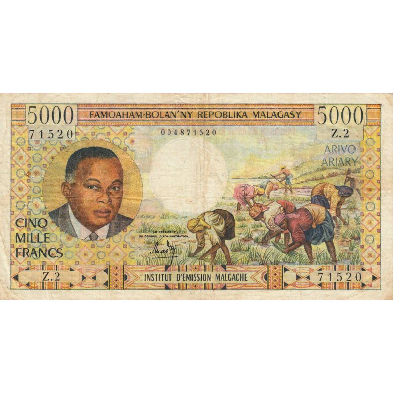 Madagascar - Pick 60 - 5'000 francs - 1'000 ariary - Série Z.2 - 1966 - Etat : TB+