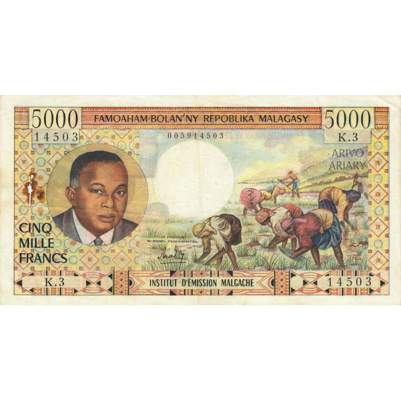 Madagascar - Pick 60 - 5'000 francs - 1'000 ariary - Série K.3 - 1966 - Etat : TTB-