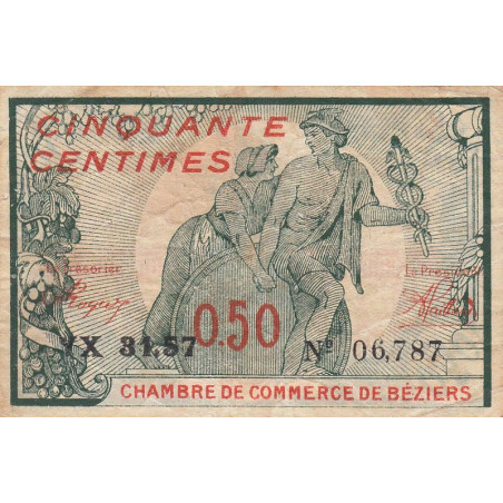 Béziers - Pirot 27-25 - 50 centimes - Série YX 31.57 - 18/10/1919 - Etat : TB