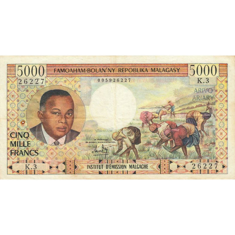 Madagascar - Pick 60 - 5'000 francs - 1'000 ariary - Série K.3 - 1966 - Etat : TTB