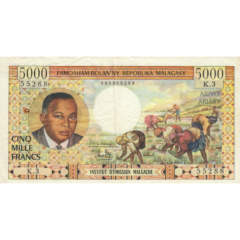 Madagascar - Pick 60 - 5'000 francs - 1'000 ariary - Série K.3 - 1966 - Etat : TTB