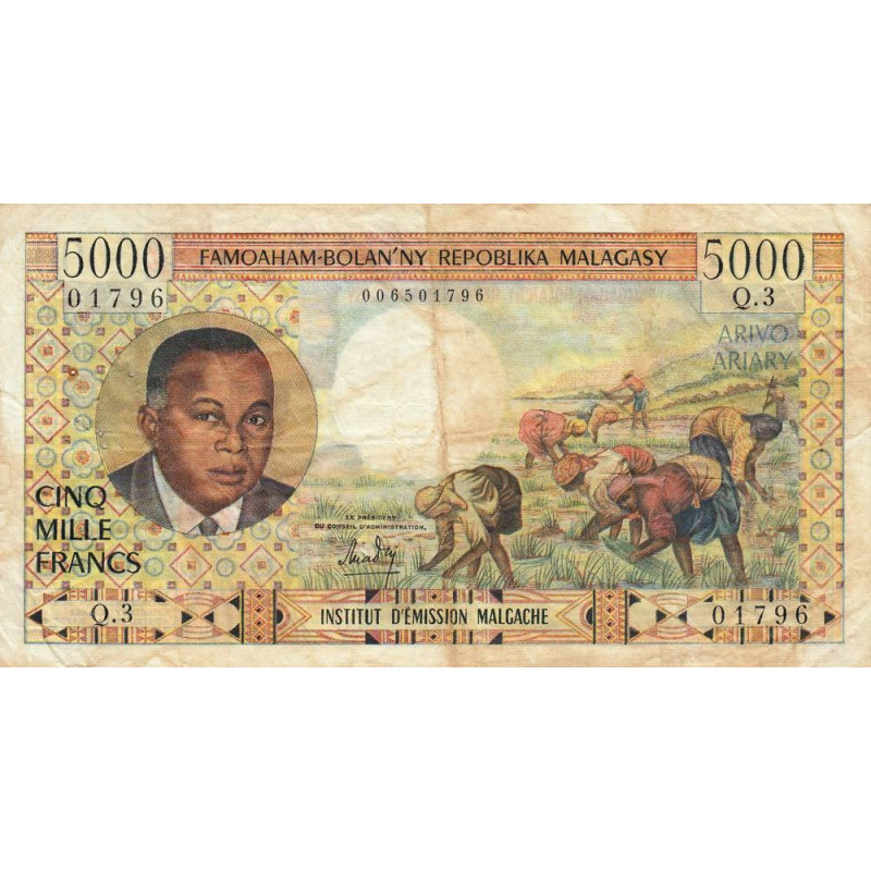 Madagascar - Pick 60 - 5'000 francs - 1'000 ariary - Série K.3 - 1966 - Etat : TB+
