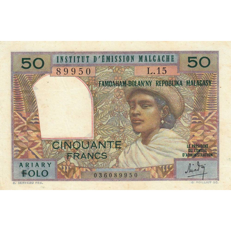 Madagascar - Pick 61a - 50 francs - 10 ariary - 1969 - Etat : TTB