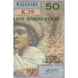 Madagascar - Pick 61b - 50 francs - 10 ariary - Série K.59 - 1971 - Etat : TB+