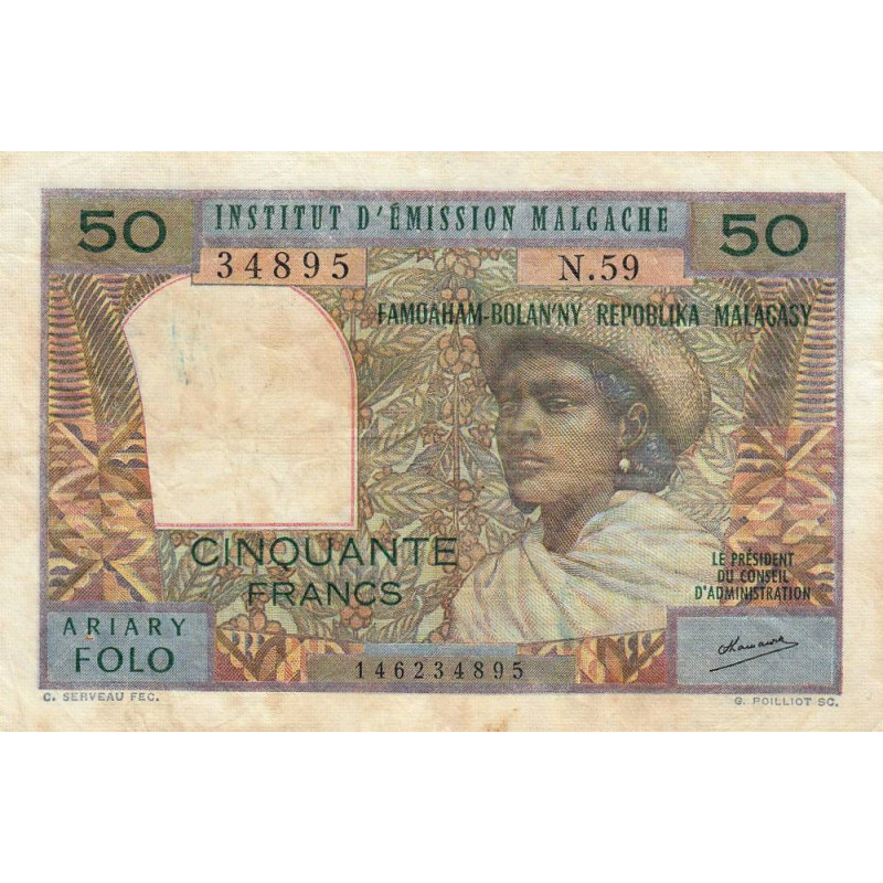 Madagascar - Pick 61b - 50 francs - 10 ariary - Série N.59 - 1971 - Etat : TB