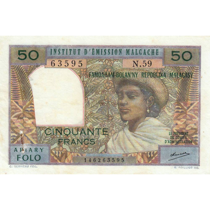 Madagascar - Pick 61b - 50 francs - 10 ariary - Série N.59 - 1971 - Etat : TTB