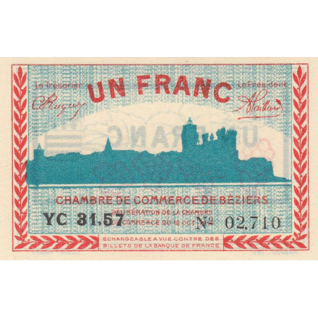 Béziers - Pirot 27-26 variété - 1 franc - Série YC 31.57 - 18/10/1919 - Etat : SPL+