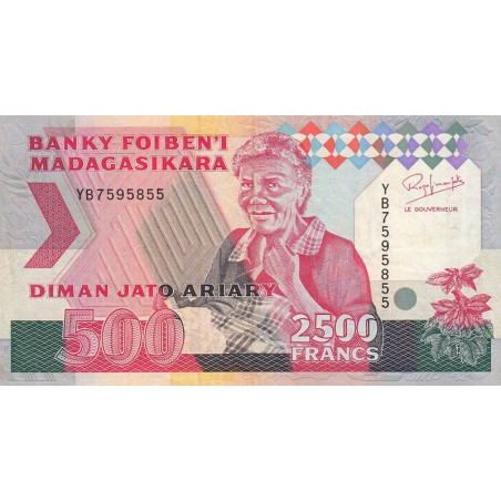 Madagascar - Pick 72Aa - 2'500 francs - 500 ariary - 1993 - Etat : TTB