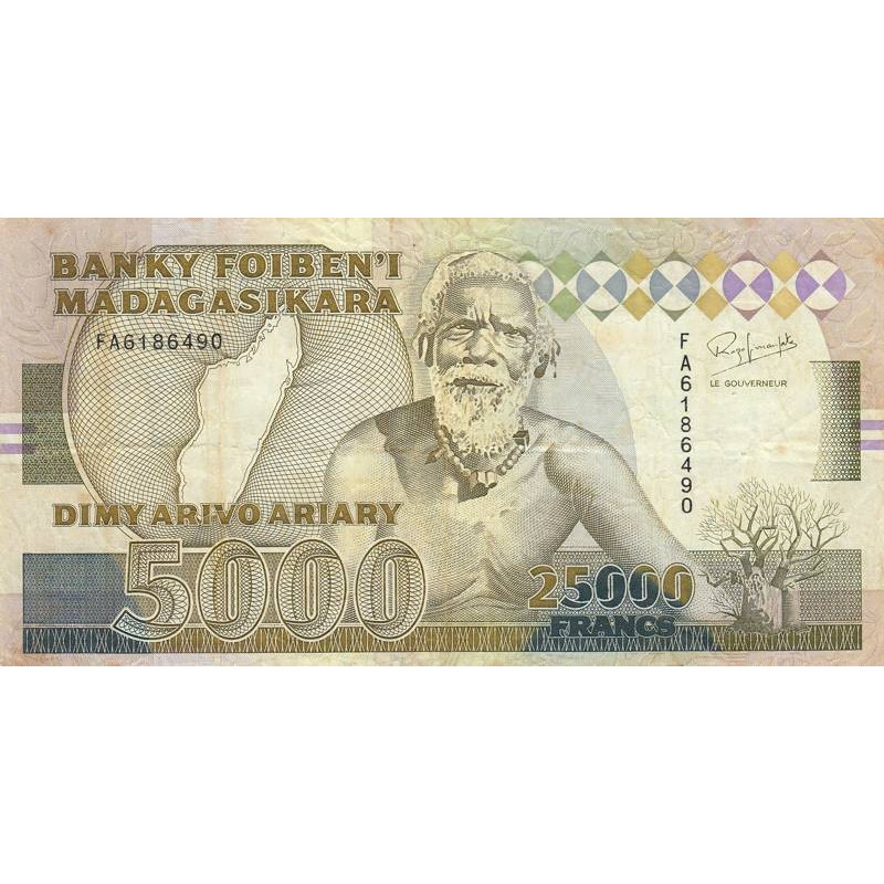 Madagascar - Pick 74Aa - 25'000 francs - 5'000 ariary - Série FA - 1993 - Etat : TB+
