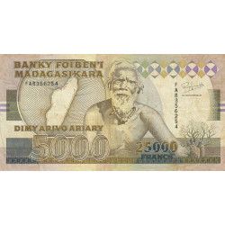 Madagascar - Pick 74Aa - 25'000 francs - 5'000 ariary - Série FA - 1993 - Etat : B+