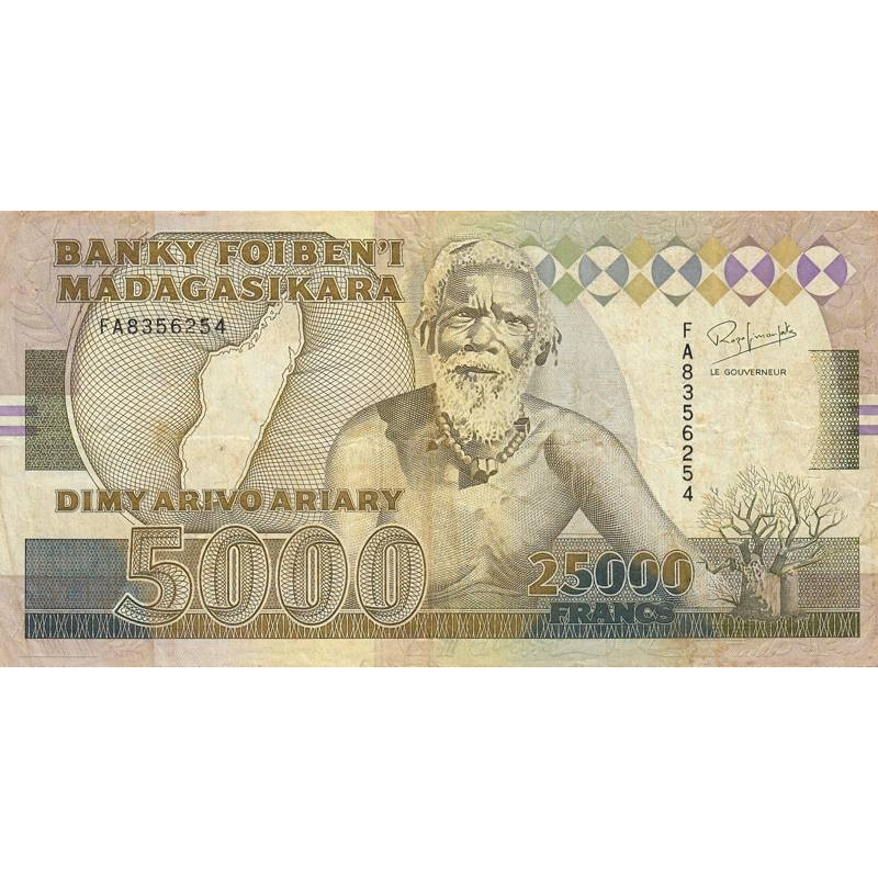 Madagascar - Pick 74Aa - 25'000 francs - 5'000 ariary - Série FA - 1993 - Etat : B+