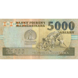 Madagascar - Pick 74Aa - 25'000 francs - 5'000 ariary - Série FA - 1993 - Etat : B+