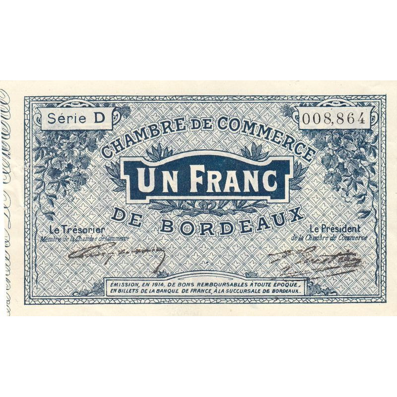 Bordeaux - Pirot 30-2 - 1 franc- Série D - 1914 - Etat : TTB+