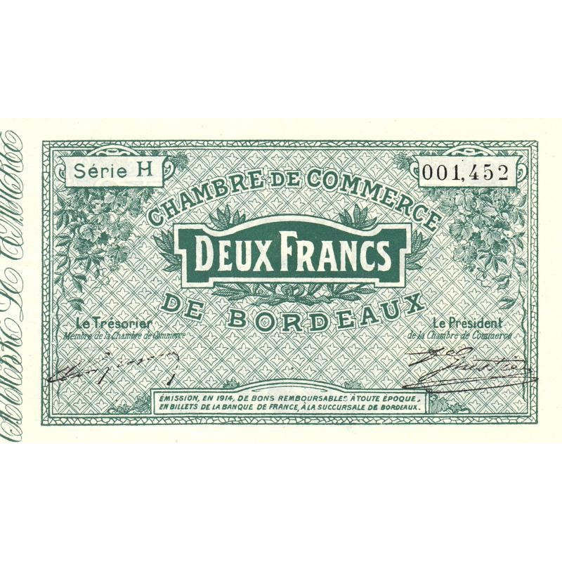 Bordeaux - Pirot 30-3 - 2 francs- Série H - 1914 - Etat : TTB+