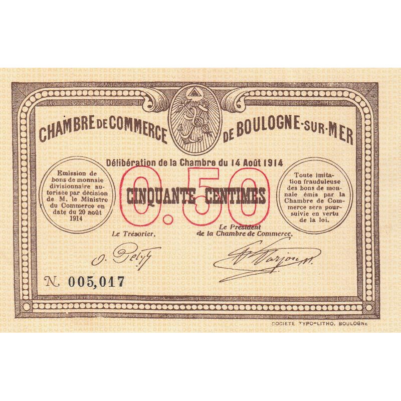 Boulogne-sur-Mer - Pirot 31-1 - 50 centimes - Sans série - 14/08/1914 - Etat : SPL+