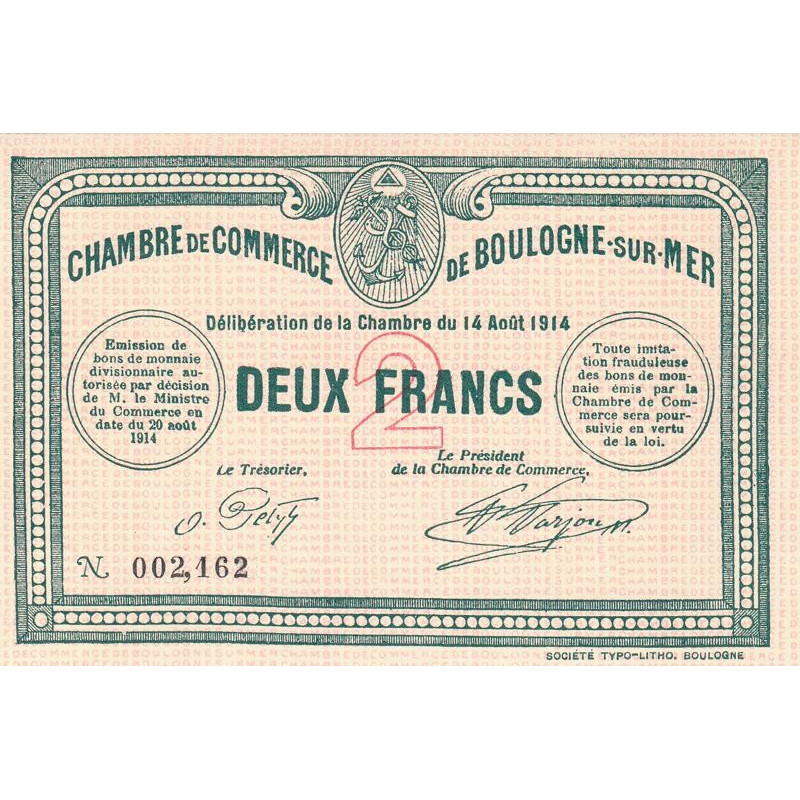 Boulogne-sur-Mer - Pirot 31-7 - 2 francs - Sans série - 14/08/1914 - Etat : NEUF