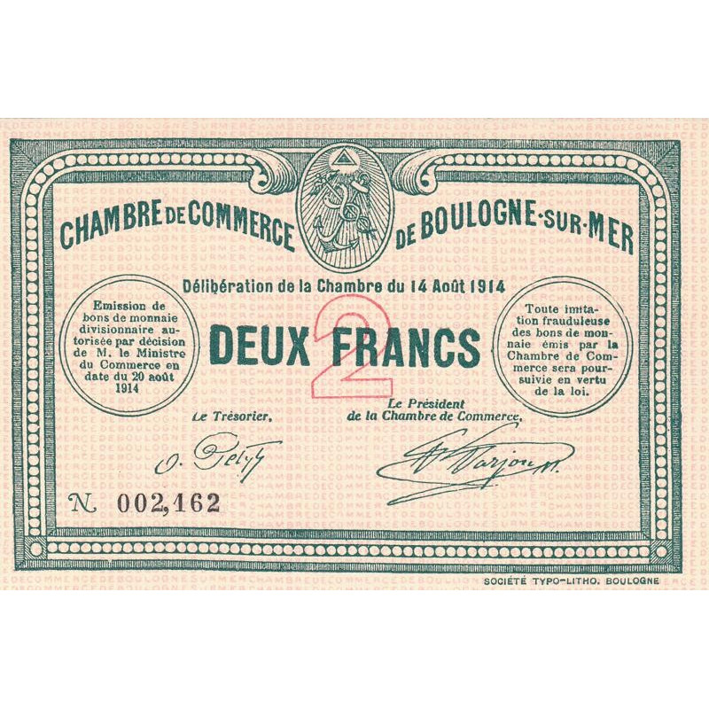 Billet des chambres de commerce BoulognesurMer 2 francs Billet des chambres de commerce BoulognesurMer 2 francs