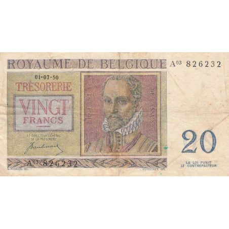 Belgique - Pick 132a - 20 francs - 01/07/1950 - Etat : TB