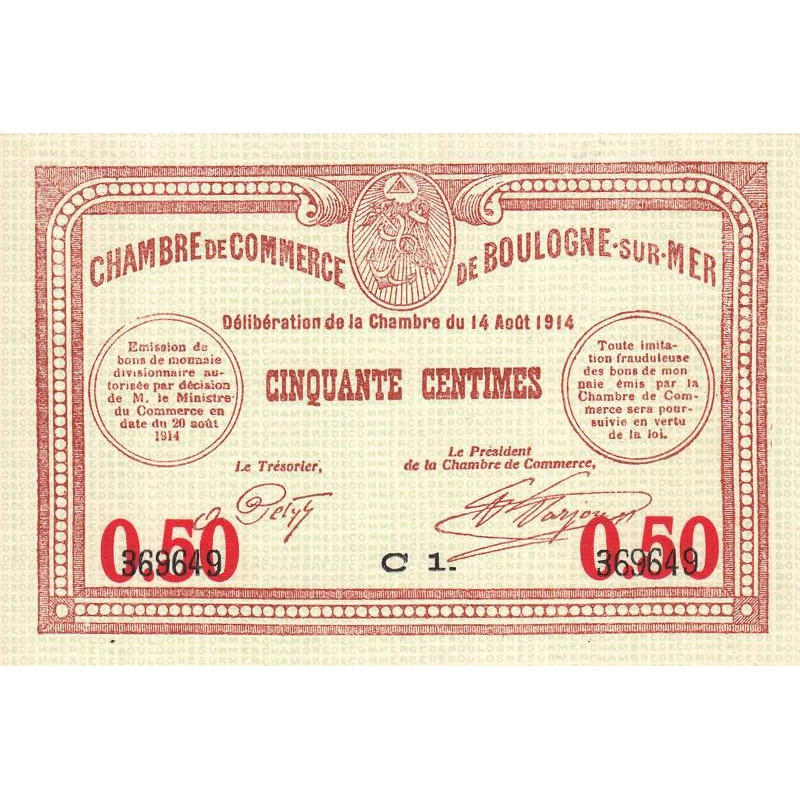 Boulogne-sur-Mer - Pirot 31-14 - Série C1 - 50 centimes - 14/08/1914 - Etat : SUP à SPL