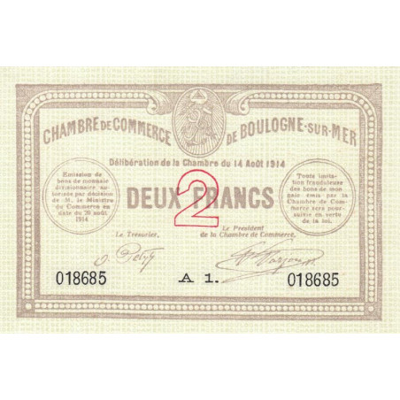 Boulogne-sur-Mer - Pirot 31-13 - Série A1 - 2 francs - 14/08/1914 - Etat : SPL+