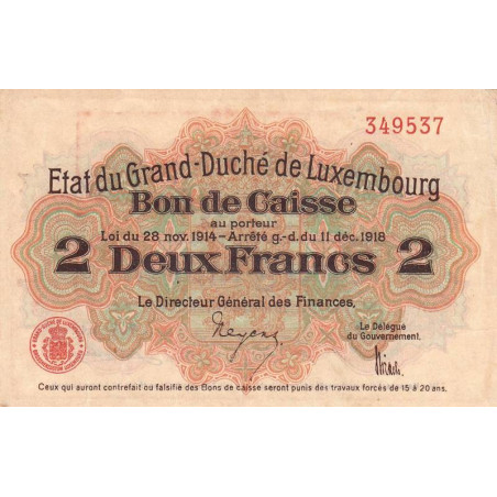 Luxembourg - Pick 28_1 - 2 francs - 1919 - Etat : TTB+
