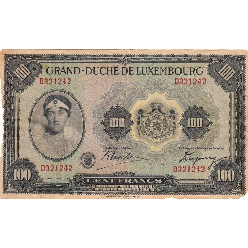 Luxembourg - Pick 39 - 100 francs - Série D - 1934 - Etat : AB