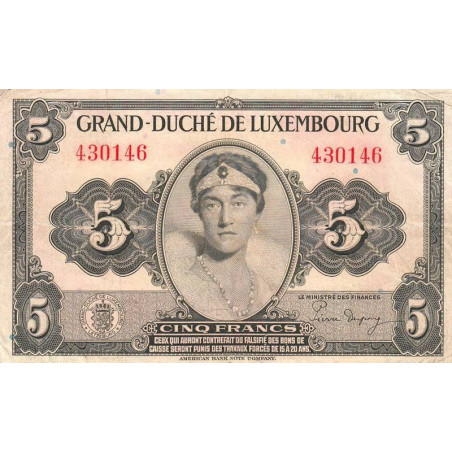 Luxembourg - Pick 43a - 5 francs - Sans série - 1944 - Etat : TB+