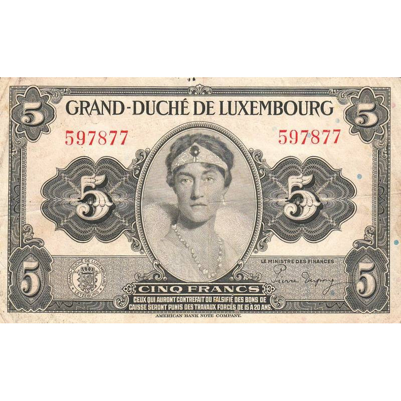 Luxembourg - Pick 43a - 5 francs - Sans série - 1944 - Etat : TB+