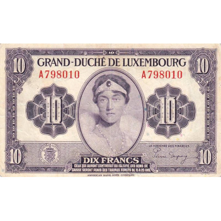 Luxembourg - Pick 44a_2 - 10 francs - Série A - 1944 - Etat : TB