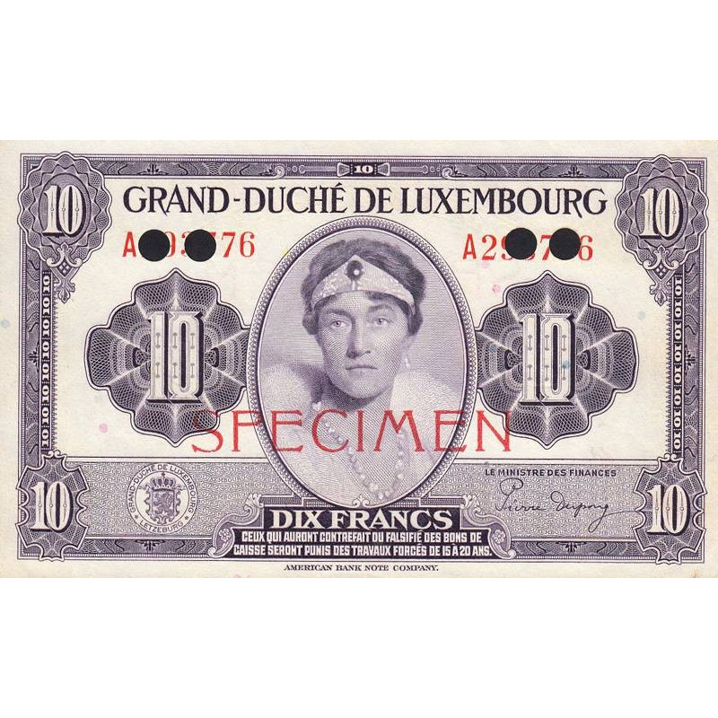 Luxembourg - Pick 44s - 10 francs - Série A - 1944 - Spécimen - Etat : pr.NEUF
